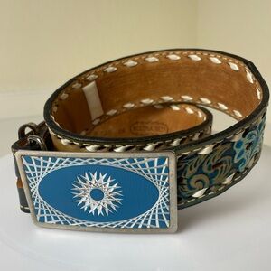 Nocona Western Leather Belt Size 28 Brown Turquoise Tooled Floral Buckle